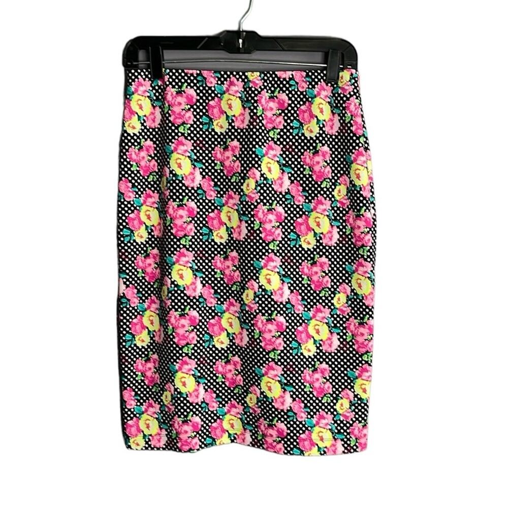 Betsey Johnson Pink Black Floral Polka Dot Print Pull On Pencil Skirt Small